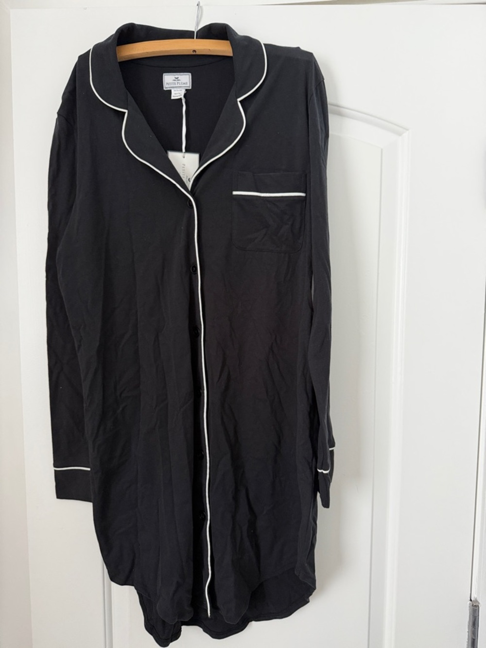 Long Black Button-Front Sleep Shirt with White Piping